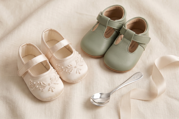 Two pairs of baby shoes arranged on a cream fabric background with ribbon and a small spoon. One pair is off-white/cream with floral embroidery, and the other is sage green with strap closures.