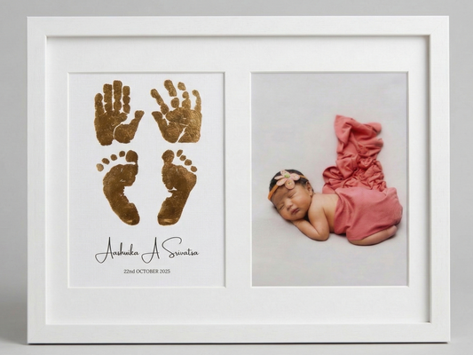 Framed artwork with gold hand and footprints and a photo of a baby in a pink outfit on a gray background