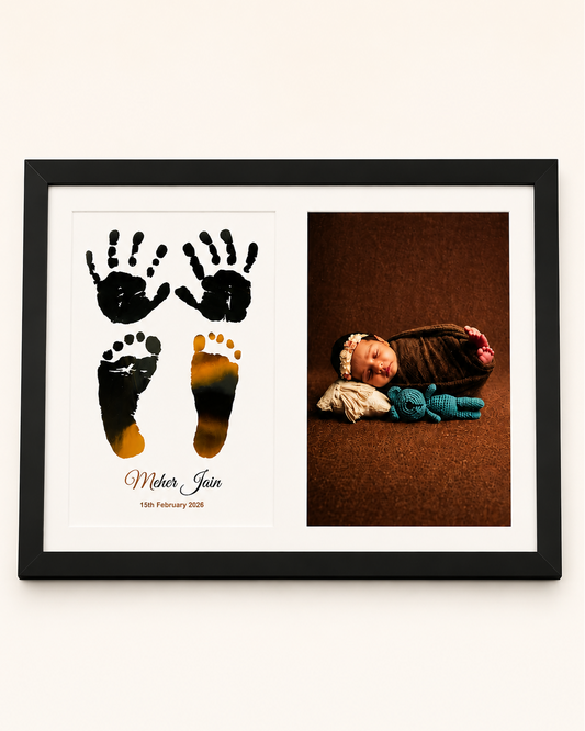 Framed artwork with hand and footprints and a baby photo on a white background