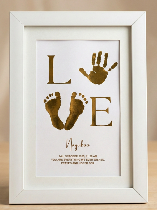 Framed artwork with gold hand and footprints and the word 'LOVE'.