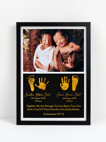 Foiled Twin Baby Hand & Footprint Artwork – A3 Frame
