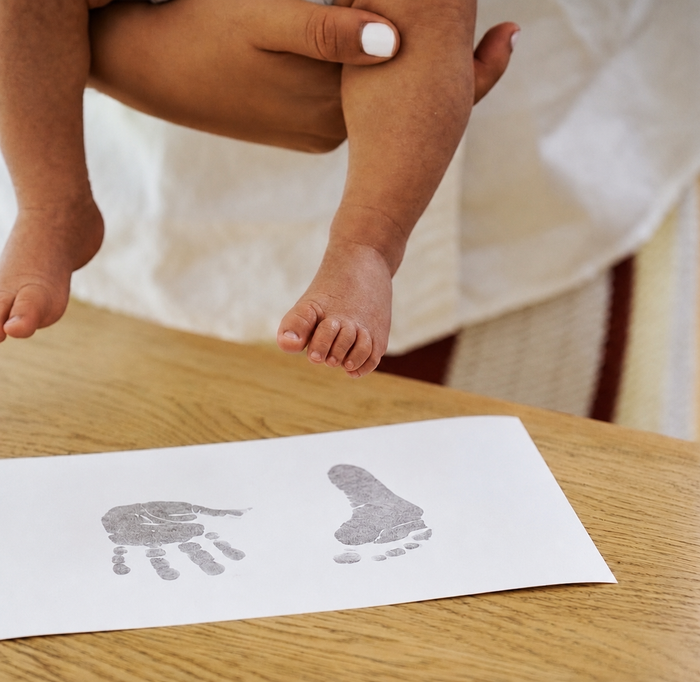 Baby foot and handprints on a white sheet of paper placed on a wooden table, with an adult's hand holding the baby near the frame.